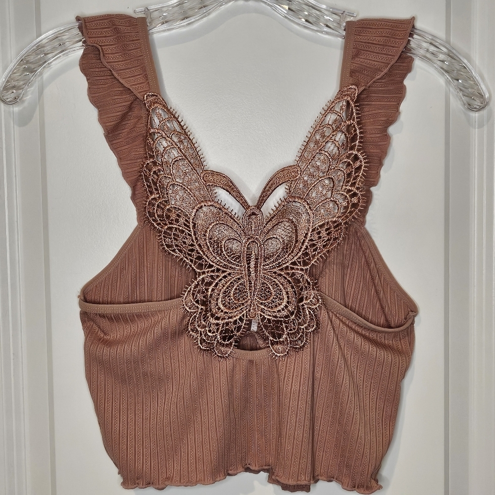 Lace Butterfly Y2K Back Crop Tank Top Medium Dusty Rose Ruffle Ribbed Cami Boho - Picture 3 of 7